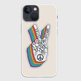 Чехол для iPhone 13 mini с принтом PEACE and LOVE | МИР и ЛЮБОВЬ (Z) в Екатеринбурге,  |  | Тематика изображения на принте: hope | love | peace | два пальца | жесть | знак | любить | любовь | мир | радуга | хипи | хиппи