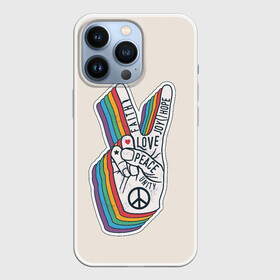 Чехол для iPhone 13 Pro с принтом PEACE and LOVE | МИР и ЛЮБОВЬ (Z) в Екатеринбурге,  |  | Тематика изображения на принте: hope | love | peace | два пальца | жесть | знак | любить | любовь | мир | радуга | хипи | хиппи