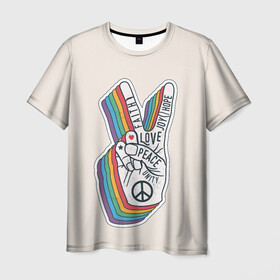 Мужская футболка 3D с принтом PEACE and LOVE (Z) в Екатеринбурге, 100% полиэфир | прямой крой, круглый вырез горловины, длина до линии бедер | Тематика изображения на принте: hope | love | peace | два пальца | жесть | знак | любить | любовь | мир | радуга | хипи | хиппи