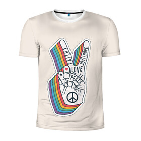 Мужская футболка 3D спортивная с принтом PEACE and LOVE (Z) в Екатеринбурге, 100% полиэстер с улучшенными характеристиками | приталенный силуэт, круглая горловина, широкие плечи, сужается к линии бедра | hope | love | peace | два пальца | жесть | знак | любить | любовь | мир | радуга | хипи | хиппи