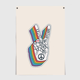 Постер с принтом PEACE and LOVE (Z) в Екатеринбурге, 100% бумага
 | бумага, плотность 150 мг. Матовая, но за счет высокого коэффициента гладкости имеет небольшой блеск и дает на свету блики, но в отличии от глянцевой бумаги не покрыта лаком | Тематика изображения на принте: hope | love | peace | два пальца | жесть | знак | любить | любовь | мир | радуга | хипи | хиппи