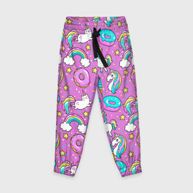 Детские брюки 3D с принтом Pink unicorn в Екатеринбурге, 100% полиэстер | манжеты по низу, эластичный пояс регулируется шнурком, по бокам два кармана без застежек, внутренняя часть кармана из мелкой сетки | cat | donuts | pink | unicorn | единорог | котики | пончики | розовый