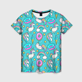 Женская футболка 3D с принтом Turquoise unicorn в Екатеринбурге, 100% полиэфир ( синтетическое хлопкоподобное полотно) | прямой крой, круглый вырез горловины, длина до линии бедер | cat | donuts | turquoise | unicorn | бирюзовый | единорог | котики | пончики