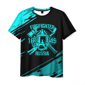 Мужская футболка 3D с принтом FIREFIGHTER 1649 RUSSIA в Екатеринбурге, 100% полиэфир | прямой крой, круглый вырез горловины, длина до линии бедер | Тематика изображения на принте: 112 | firefighter | багор | бирюзовая | герб | гкчс | голубая | знак | лого | логотип | мчс | мчсник | пожарная охрана | пожарник | пожарный | пч | россии | рф | серая | символ | синяя | служба | спасатель