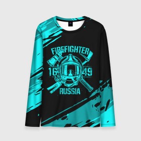 Мужской лонгслив 3D с принтом FIREFIGHTER 1649 RUSSIA в Екатеринбурге, 100% полиэстер | длинные рукава, круглый вырез горловины, полуприлегающий силуэт | 112 | firefighter | багор | бирюзовая | герб | гкчс | голубая | знак | лого | логотип | мчс | мчсник | пожарная охрана | пожарник | пожарный | пч | россии | рф | серая | символ | синяя | служба | спасатель