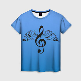 Женская футболка 3D с принтом Скрипичный ключ и крылья ноты в Екатеринбурге, 100% полиэфир ( синтетическое хлопкоподобное полотно) | прямой крой, круглый вырез горловины, длина до линии бедер | арт | звук | крыло | крылья | музыка | музыкант | ноты | символ | скрипичный ключ | фортепиано