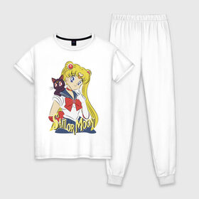 Женская пижама хлопок с принтом Sailor Moon & Luna в Екатеринбурге, 100% хлопок | брюки и футболка прямого кроя, без карманов, на брюках мягкая резинка на поясе и по низу штанин | cat | girl | kitty | luna | moon | sailor moon | sailormoon | девочка | кот | котик | котэ | кошка | луна | мультяшка | сейлормун | сэйлор мун