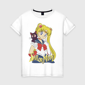 Женская футболка хлопок с принтом Sailor Moon & Luna в Екатеринбурге, 100% хлопок | прямой крой, круглый вырез горловины, длина до линии бедер, слегка спущенное плечо | cat | girl | kitty | luna | moon | sailor moon | sailormoon | девочка | кот | котик | котэ | кошка | луна | мультяшка | сейлормун | сэйлор мун