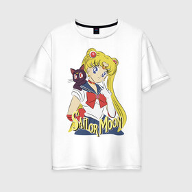 Женская футболка хлопок Oversize с принтом Sailor Moon & Luna в Екатеринбурге, 100% хлопок | свободный крой, круглый ворот, спущенный рукав, длина до линии бедер
 | cat | girl | kitty | luna | moon | sailor moon | sailormoon | девочка | кот | котик | котэ | кошка | луна | мультяшка | сейлормун | сэйлор мун