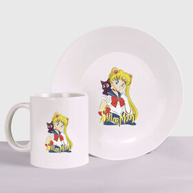 Набор: тарелка + кружка с принтом Sailor Moon & Luna в Екатеринбурге, керамика | Кружка: объем — 330 мл, диаметр — 80 мм. Принт наносится на бока кружки, можно сделать два разных изображения. 
Тарелка: диаметр - 210 мм, диаметр для нанесения принта - 120 мм. | cat | girl | kitty | luna | moon | sailor moon | sailormoon | девочка | кот | котик | котэ | кошка | луна | мультяшка | сейлормун | сэйлор мун