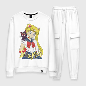 Женский костюм хлопок с принтом Sailor Moon & Luna в Екатеринбурге, 100% хлопок | на свитшоте круглая горловина, мягкая резинка по низу. Брюки заужены к низу, на них два вида карманов: два 