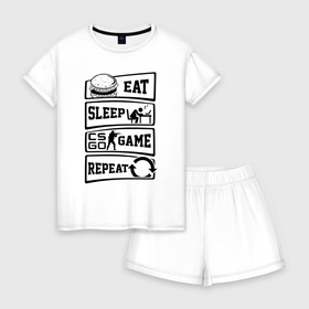 Женская пижама с шортиками хлопок с принтом Eat Sleep CS GO repeat в Екатеринбурге, 100% хлопок | футболка прямого кроя, шорты свободные с широкой мягкой резинкой | counter strike global | cs go | eat | game | sleep | контра | кс | кс го