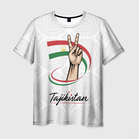 Мужская футболка 3D с принтом Таджикистан в Екатеринбурге, 100% полиэфир | прямой крой, круглый вырез горловины, длина до линии бедер | asia | crown | emblem | flag | gesture | hand | republic | sign | stars | state | tajikistan | victory | азия | государство | жест | звезды | знак | корона | победа | республика | рука | таджикистан | флаг | эмблема