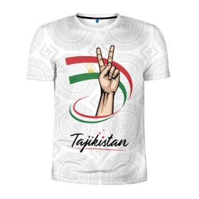 Мужская футболка 3D спортивная с принтом Таджикистан в Екатеринбурге, 100% полиэстер с улучшенными характеристиками | приталенный силуэт, круглая горловина, широкие плечи, сужается к линии бедра | asia | crown | emblem | flag | gesture | hand | republic | sign | stars | state | tajikistan | victory | азия | государство | жест | звезды | знак | корона | победа | республика | рука | таджикистан | флаг | эмблема