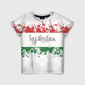 Детская футболка 3D с принтом Таджикистан в Екатеринбурге, 100% гипоаллергенный полиэфир | прямой крой, круглый вырез горловины, длина до линии бедер, чуть спущенное плечо, ткань немного тянется | asia | blots | drops | flag | paint | republic of tajikistan | splashes | state | азия | брызги | государство | капли | кляксы | краска | республика | таджикистан | флаг