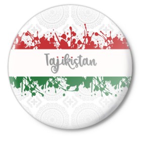 Значок с принтом Таджикистан в Екатеринбурге,  металл | круглая форма, металлическая застежка в виде булавки | asia | blots | drops | flag | paint | republic of tajikistan | splashes | state | азия | брызги | государство | капли | кляксы | краска | республика | таджикистан | флаг