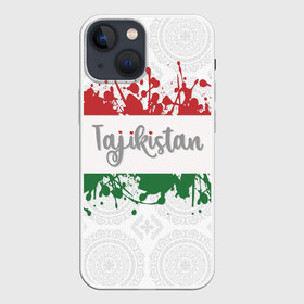 Чехол для iPhone 13 mini с принтом Таджикистан в Екатеринбурге,  |  | asia | blots | drops | flag | paint | republic of tajikistan | splashes | state | азия | брызги | государство | капли | кляксы | краска | республика | таджикистан | флаг