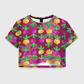 Женская футболка Crop-top 3D с принтом Репа и Свекла в Екатеринбурге, 100% полиэстер | круглая горловина, длина футболки до линии талии, рукава с отворотами | зеленый | овощи | репа | свекла | фиолетовый