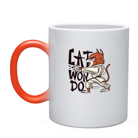 Кружка хамелеон с принтом Кот Вон До в Екатеринбурге, керамика | меняет цвет при нагревании, емкость 330 мл | cat | cat won do | korea | боевые искусства | боец | восточные единоборства | игра слов | карате | каратист | корейская | кот | кот каратист | котейка | котенок | коты | котэ | котята | кошка | кошки | пародия