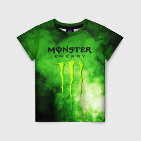 Детская футболка 3D с принтом MONSTER ENERGY в Екатеринбурге, 100% гипоаллергенный полиэфир | прямой крой, круглый вырез горловины, длина до линии бедер, чуть спущенное плечо, ткань немного тянется | brend | green | monster energy | андреналин | бренд | зеленый | логотип | монстр | напиток | энергетик | энергия