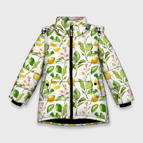 Зимняя куртка для девочек 3D с принтом Летний узор лимон ветки листья в Екатеринбурге, ткань верха — 100% полиэстер; подклад — 100% полиэстер, утеплитель — 100% полиэстер. | длина ниже бедра, удлиненная спинка, воротник стойка и отстегивающийся капюшон. Есть боковые карманы с листочкой на кнопках, утяжки по низу изделия и внутренний карман на молнии. 

Предусмотрены светоотражающий принт на спинке, радужный светоотражающий элемент на пуллере молнии и на резинке для утяжки. | Тематика изображения на принте: ботаника | ветки | кислый | летний | лимонад | лимончики | лимоны | листья | паттерн | узор | цветы | цитрусовые