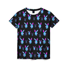 Женская футболка 3D с принтом Playboy в Екатеринбурге, 100% полиэфир ( синтетическое хлопкоподобное полотно) | прямой крой, круглый вырез горловины, длина до линии бедер | playboy | абстракция | зая | заяц | краска | кролик | кролик плейбой | лето | море | неон | отдых | плейбой | плэйбой | пляж | текстура