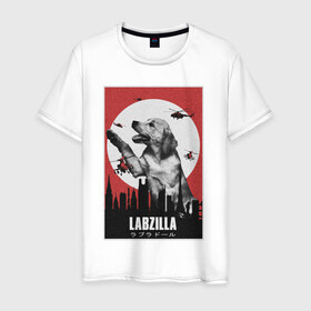 Мужская футболка хлопок с принтом Лабзилла в Екатеринбурге, 100% хлопок | прямой крой, круглый вырез горловины, длина до линии бедер, слегка спущенное плечо. | вертолеты | годзилла | лабрадор | пес | постер | собака | собачник | фильм | щенок