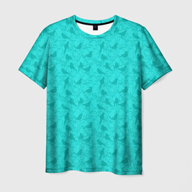 Мужская футболка 3D с принтом Зеленые птицы летний узор в Екатеринбурге, 100% полиэфир | прямой крой, круглый вырез горловины, длина до линии бедер | бежевый | бирюзовый | зеленый | нейтральный | паттерн | повседневный | принт | природа | птицы | птички | светлый | силуэты | узор