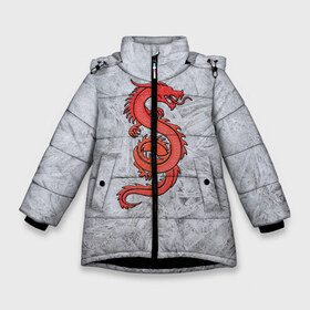 Зимняя куртка для девочек 3D с принтом Красный дракон в Екатеринбурге, ткань верха — 100% полиэстер; подклад — 100% полиэстер, утеплитель — 100% полиэстер. | длина ниже бедра, удлиненная спинка, воротник стойка и отстегивающийся капюшон. Есть боковые карманы с листочкой на кнопках, утяжки по низу изделия и внутренний карман на молнии. 

Предусмотрены светоотражающий принт на спинке, радужный светоотражающий элемент на пуллере молнии и на резинке для утяжки. | дракон | звери | китайский дракон. | мифология
