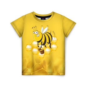 Детская футболка 3D с принтом Лето. Пчелы. Мед в Екатеринбурге, 100% гипоаллергенный полиэфир | прямой крой, круглый вырез горловины, длина до линии бедер, чуть спущенное плечо, ткань немного тянется | Тематика изображения на принте: лето | мед | насекомые | пчела | соты | улей