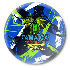 Значок с принтом Jamaica Roots and reggae в Екатеринбурге,  металл | круглая форма, металлическая застежка в виде булавки | jamaica | reggae | roots | летняя | лето | надпись | пальма | раста | регги | рэгги | текст | фраза | ямайка