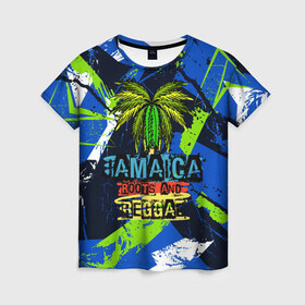 Женская футболка 3D с принтом Jamaica Roots and reggae в Екатеринбурге, 100% полиэфир ( синтетическое хлопкоподобное полотно) | прямой крой, круглый вырез горловины, длина до линии бедер | jamaica | reggae | roots | летняя | лето | надпись | пальма | раста | регги | рэгги | текст | фраза | ямайка