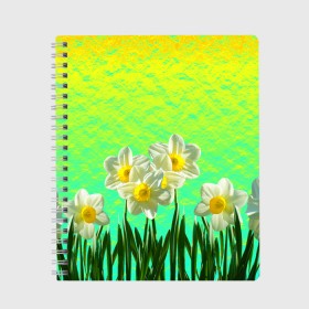 Тетрадь с принтом Солнечные Нарциссы в Екатеринбурге, 100% бумага | 48 листов, плотность листов — 60 г/м2, плотность картонной обложки — 250 г/м2. Листы скреплены сбоку удобной пружинной спиралью. Уголки страниц и обложки скругленные. Цвет линий — светло-серый
 | flowers | nature | summer | sun | бутоны | зелень | кислотный | краски | лазурный | лепестки | летний | лето | листья | нарцисс | нарциссы | неоновый | поле | природа | растения | ромашки | сад | солнечный | солнце