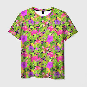 Мужская футболка 3D с принтом Flamingo | Tropical в Екатеринбурге, 100% полиэфир | прямой крой, круглый вырез горловины, длина до линии бедер | flamingo | flamingos | flower | flowers | neon | pink | rose | summer | девочке | девушке | красивая | летняя | неон | парню | подарок | прикольная | приятная | роза | розовая | стильная | текстура | тропики | фламинго | цветок