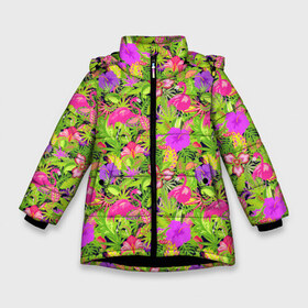Зимняя куртка для девочек 3D с принтом Flamingo Tropical в Екатеринбурге, ткань верха — 100% полиэстер; подклад — 100% полиэстер, утеплитель — 100% полиэстер. | длина ниже бедра, удлиненная спинка, воротник стойка и отстегивающийся капюшон. Есть боковые карманы с листочкой на кнопках, утяжки по низу изделия и внутренний карман на молнии. 

Предусмотрены светоотражающий принт на спинке, радужный светоотражающий элемент на пуллере молнии и на резинке для утяжки. | flamingo | flamingos | flower | flowers | neon | pink | rose | summer | девочке | девушке | красивая | летняя | неон | парню | подарок | прикольная | приятная | роза | розовая | стильная | текстура | тропики | фламинго | цветок