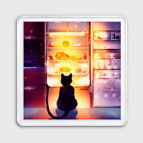Магнит 55*55 с принтом Черный кот холодильник ночь в Екатеринбурге, Пластик | Размер: 65*65 мм; Размер печати: 55*55 мм | Тематика изображения на принте: арт | вкусняшки | ночной дожор | ночь | преступление | рисунок | холодильник | черный кот