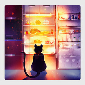 Магнитный плакат 3Х3 с принтом Черный кот холодильник ночь в Екатеринбурге, Полимерный материал с магнитным слоем | 9 деталей размером 9*9 см | Тематика изображения на принте: арт | вкусняшки | ночной дожор | ночь | преступление | рисунок | холодильник | черный кот