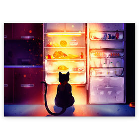 Поздравительная открытка с принтом Черный кот холодильник ночь в Екатеринбурге, 100% бумага | плотность бумаги 280 г/м2, матовая, на обратной стороне линовка и место для марки
 | Тематика изображения на принте: арт | вкусняшки | ночной дожор | ночь | преступление | рисунок | холодильник | черный кот