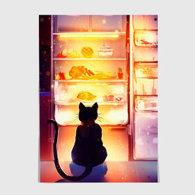 Постер с принтом Черный кот холодильник ночь в Екатеринбурге, 100% бумага
 | бумага, плотность 150 мг. Матовая, но за счет высокого коэффициента гладкости имеет небольшой блеск и дает на свету блики, но в отличии от глянцевой бумаги не покрыта лаком | арт | вкусняшки | ночной дожор | ночь | преступление | рисунок | холодильник | черный кот