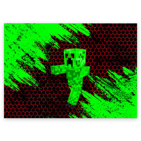 Поздравительная открытка с принтом MINECRAFT CREEPER в Екатеринбурге, 100% бумага | плотность бумаги 280 г/м2, матовая, на обратной стороне линовка и место для марки
 | creeper | game | minecraft | блоки | игра | квадраты | компьютерная | крипер | криппер | майнкрафт | огонь