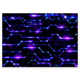 Поздравительная открытка с принтом Технологии будущее нано броня в Екатеринбурге, 100% бумага | плотность бумаги 280 г/м2, матовая, на обратной стороне линовка и место для марки
 | блоки | броня | будущее | геометрия | детали | линии | нано | неон | программистам | свет | синий | схема | текстура | техно | технологии | ультра | фиолетовый