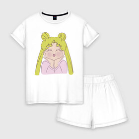Женская пижама с шортиками хлопок с принтом Sailor Moon в Екатеринбурге, 100% хлопок | футболка прямого кроя, шорты свободные с широкой мягкой резинкой | face | girl | sailor moon | sailormoon | девочка | лицо | мультяшка | сейлормун | сэйлор мун