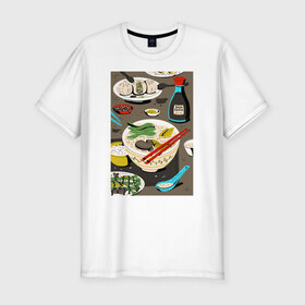 Мужская футболка премиум с принтом Азиатская еда в Екатеринбурге, 92% хлопок, 8% лайкра | приталенный силуэт, круглый вырез ворота, длина до линии бедра, короткий рукав | блюда | готовка | еда | кулинар | повар | шеф повар