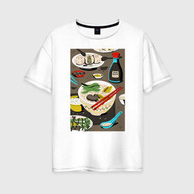 Женская футболка хлопок Oversize с принтом Азиатская еда в Екатеринбурге, 100% хлопок | свободный крой, круглый ворот, спущенный рукав, длина до линии бедер
 | блюда | готовка | еда | кулинар | повар | шеф повар