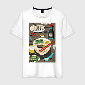Мужская футболка хлопок с принтом Азиатская еда в Екатеринбурге, 100% хлопок | прямой крой, круглый вырез горловины, длина до линии бедер, слегка спущенное плечо. | блюда | готовка | еда | кулинар | повар | шеф повар