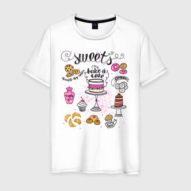Мужская футболка хлопок с принтом sweets в Екатеринбурге, 100% хлопок | прямой крой, круглый вырез горловины, длина до линии бедер, слегка спущенное плечо. | блюда | готовка | еда | кондитер | кулинар | повар | шеф повар