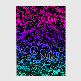 Постер с принтом Граффити Neon в Екатеринбурге, 100% бумага
 | бумага, плотность 150 мг. Матовая, но за счет высокого коэффициента гладкости имеет небольшой блеск и дает на свету блики, но в отличии от глянцевой бумаги не покрыта лаком | blue | cyberpunk | drawing | graffiti | lettering | neon | paint | purple | text | брызги | граффити | киберпанк | краска | надписи | неон | рисунок | синий | текст | фиолетовый
