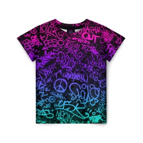 Детская футболка 3D с принтом Граффити Neon в Екатеринбурге, 100% гипоаллергенный полиэфир | прямой крой, круглый вырез горловины, длина до линии бедер, чуть спущенное плечо, ткань немного тянется | blue | cyberpunk | drawing | graffiti | lettering | neon | paint | purple | text | брызги | граффити | киберпанк | краска | надписи | неон | рисунок | синий | текст | фиолетовый