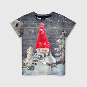 Детская футболка 3D с принтом Снеговик, Новогодняя в Екатеринбурге, 100% гипоаллергенный полиэфир | прямой крой, круглый вырез горловины, длина до линии бедер, чуть спущенное плечо, ткань немного тянется | ёлки | красный | новый год | снег | снеговик