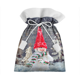 Подарочный 3D мешок с принтом Снеговик, Новогодняя в Екатеринбурге, 100% полиэстер | Размер: 29*39 см | Тематика изображения на принте: ёлки | красный | новый год | снег | снеговик
